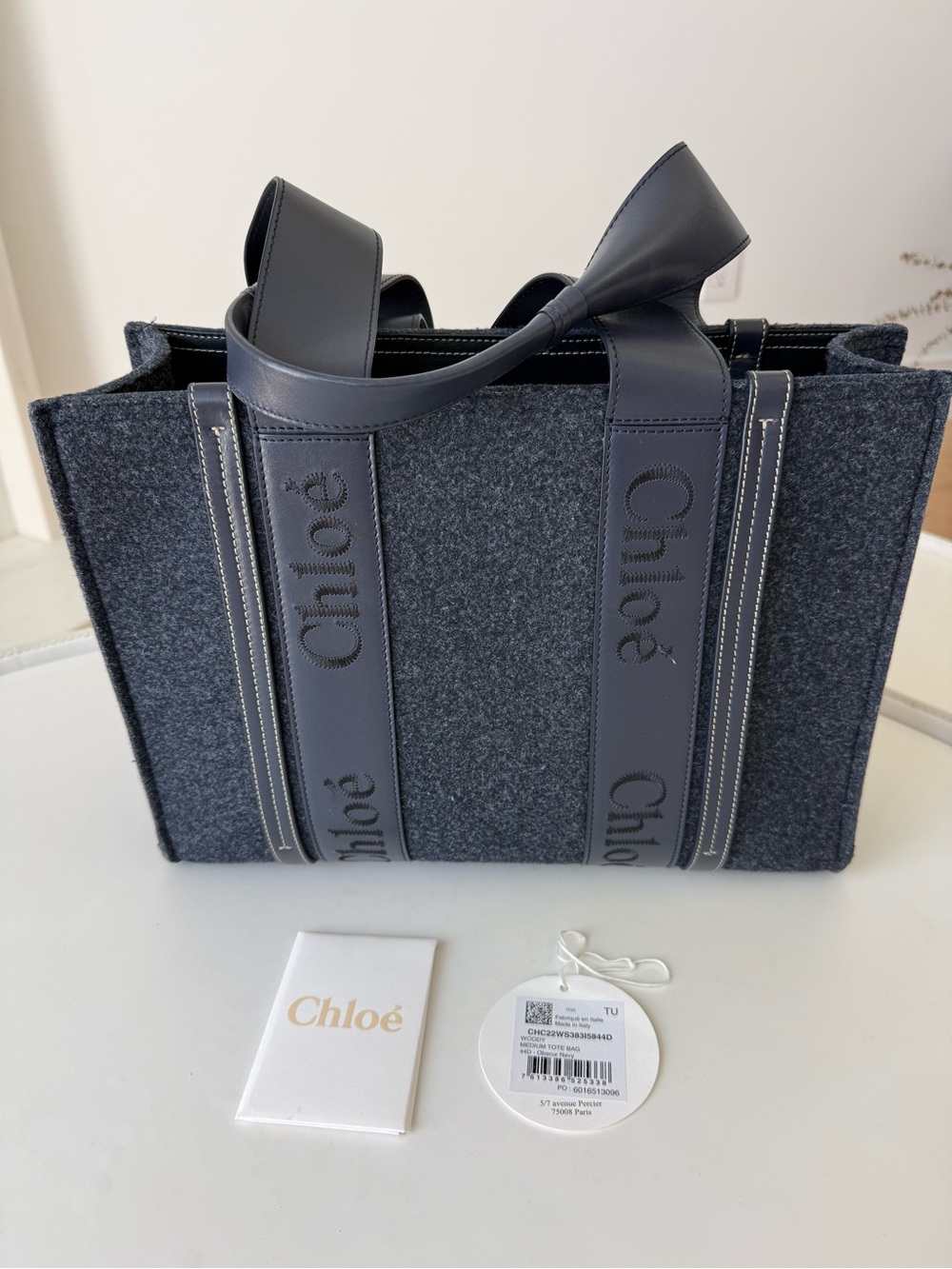 Chloé Blue Denim Felt Tote with Branded Leather Straps